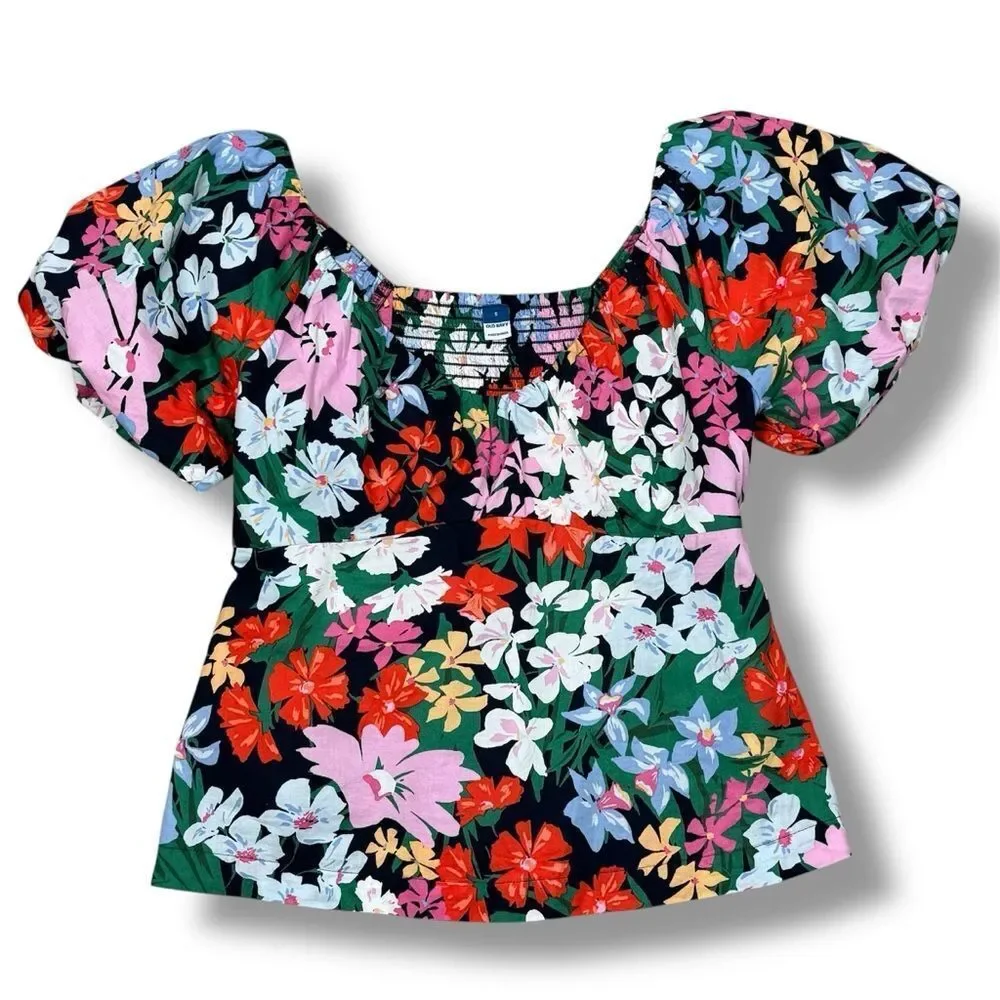 Old Navy Floral Puff Sleeve Peplum Flared Hem V‎ Neck Top Shirt Blue Multi Small